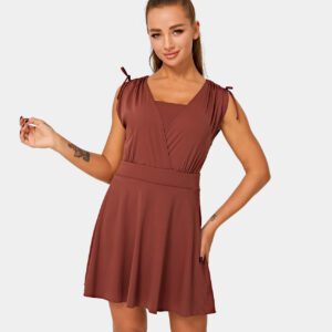 Halara Drawstring Flare 2-in-1 Pocket Mini Casual Dress With Tube Top Workout Dress - Brandy Brown - L