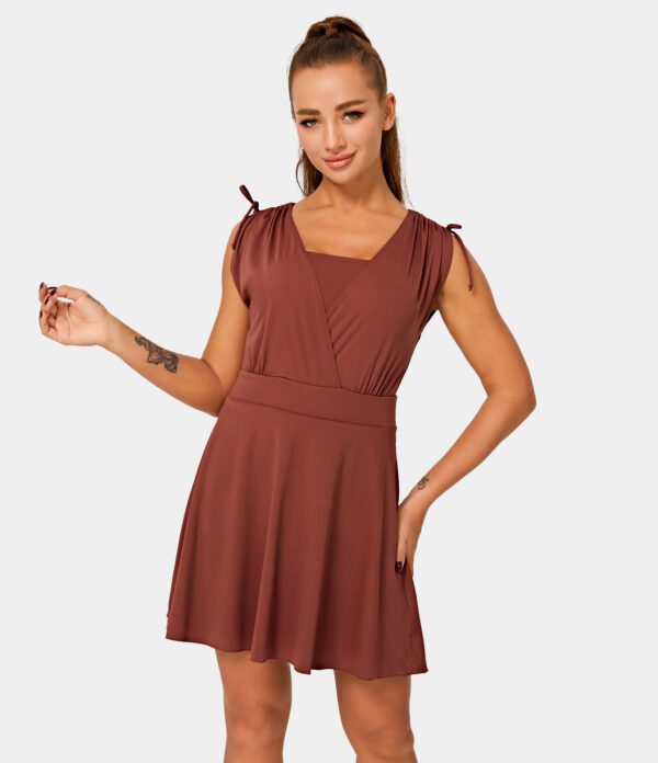 Halara Drawstring Flare 2-in-1 Pocket Mini Casual Dress With Tube Top Workout Dress - Brandy Brown - L