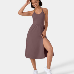 Halara Everyday Midi Chill Dress-La Land Casual Dress - Deep Tea Brown - S slip dress beach dress ruched dress halter dress exercise dress