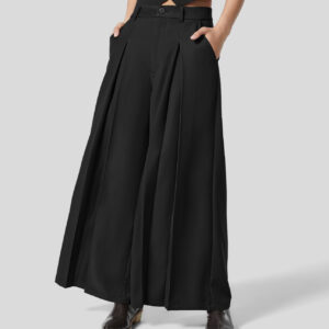 Halara High Waisted Side Pocket Pleated Wide Leg Work Culottes - Black - XS(regular) sweatpants jogger pants stacked sweatpants