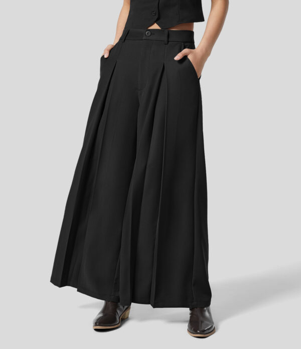 Halara High Waisted Side Pocket Pleated Wide Leg Work Culottes - Black - XS(regular) sweatpants jogger pants stacked sweatpants