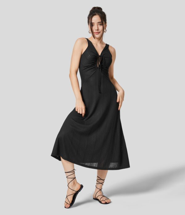 Halara Ribbed Knit V Neck Cut Out Drawstring Sleeveless Backless Midi Casual Dress Casual Dress - Black - L slip dress beach dress