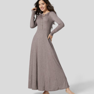 Halara Round Neck Button Long Sleeve Flare Maxi Casual Dress Casual Dress - Deep Tea Brown Floral Yarn - L slip dress beach dress