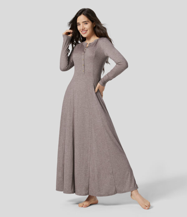 Halara Round Neck Button Long Sleeve Flare Maxi Casual Dress Casual Dress - Deep Tea Brown Floral Yarn - L slip dress beach dress