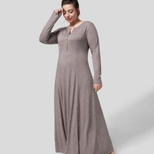 Halara Round Neck Button Long Sleeve Flare Maxi Casual Plus Size Dress Plus Size Dress - Deep Tea Brown Floral Yarn - 3X