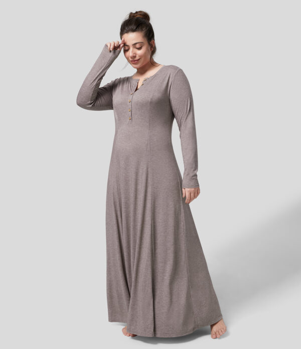 Halara Round Neck Button Long Sleeve Flare Maxi Casual Plus Size Dress Plus Size Dress - Deep Tea Brown Floral Yarn - 3X