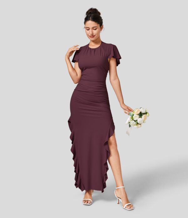 Halara Round Neck Ruffle Short Sleeve Tie Back Bodycon Split Maxi Bridesmaid and Wedding Guest Dress Casual Dress - Fig - S slip dress