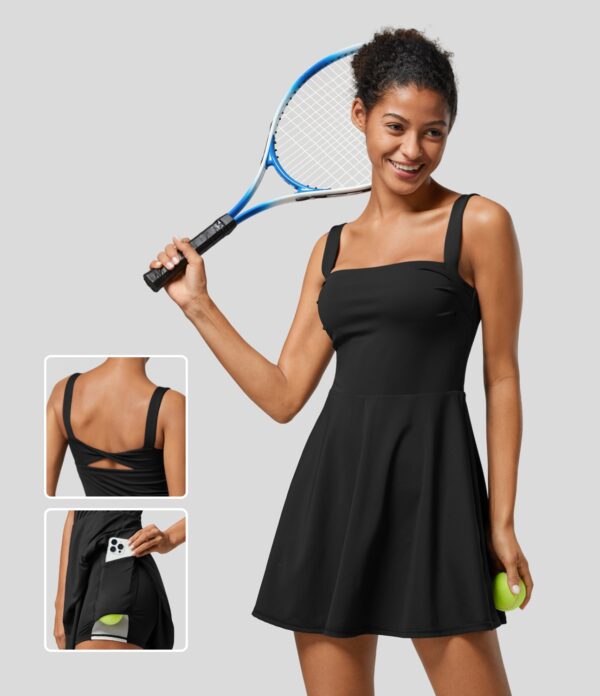 Halara Square Neck Backless Twisted Cut Out 2-in-1 Side Pocket Mini Quick Dry Tennis Active Dress Workout Dress - Black - S