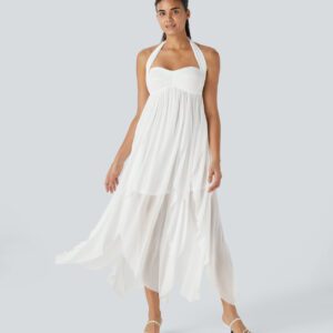 Halara Tube Backless Tie Back Draped Ruffle Flowy Maxi Resort Dress Casual Dress - White - XL slip dress beach dress ruched dress