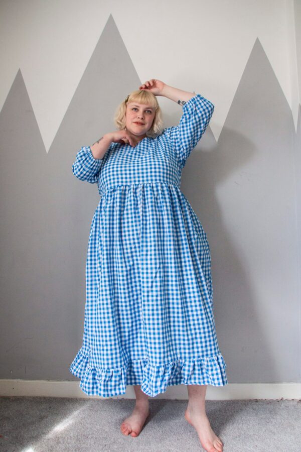 Handmade Cotton Gingham Tie Sleeve Smock Dress With Pockets Sun Summer Mini Or Midi