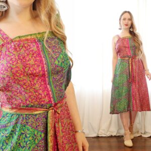 Handmade Vintage Sari Silk Apron Style Wrap Low Back Jumper Sun Dress Bohemian Fuchsia Pink Emerald Green