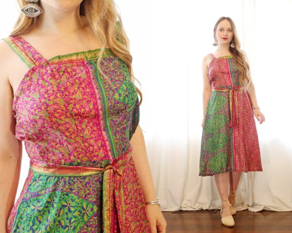 Handmade Vintage Sari Silk Apron Style Wrap Low Back Jumper Sun Dress Bohemian Fuchsia Pink Emerald Green