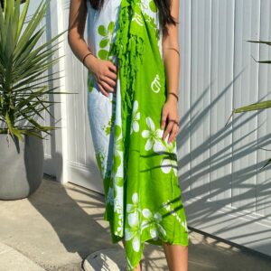 Hawaiian Design Green & White Plumeria Flower Sarong Cover-Up Floral Pareo Wrap Skirt Dress