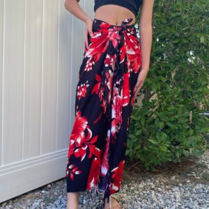 Hawaiian Design Red Black Hibiscus Flower Sarong Cover-Up Floral Pareo Wrap Skirt Dress