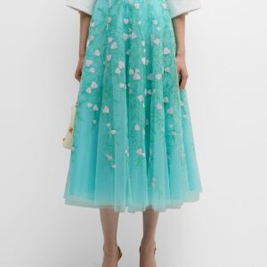 Heart Embroidered Tulle Midi Skirt