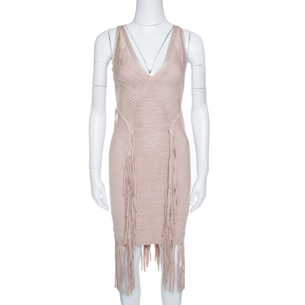 Herve Leger Beige Fringed Sleeveless Bandage Dress S