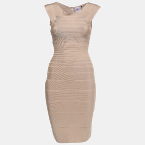 Herve Leger Beige Knit Off-Shoulder Bandage Short Dress XS