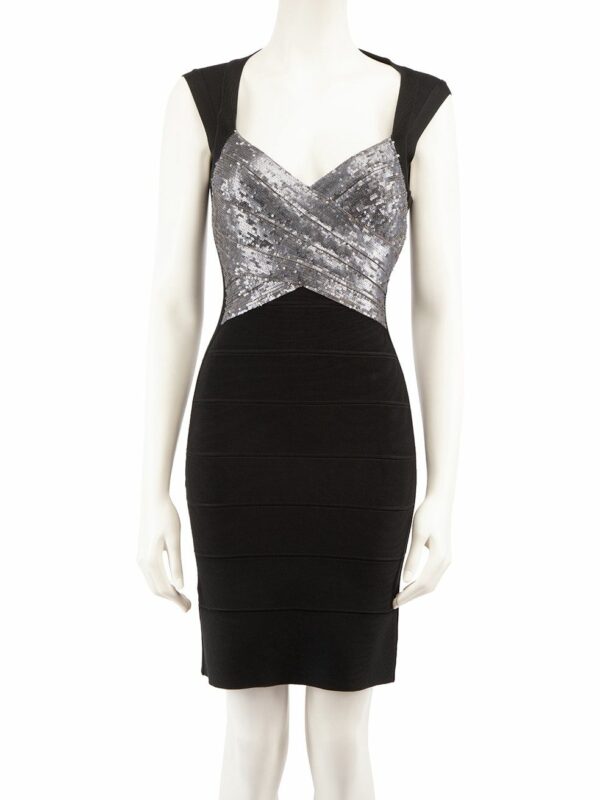 Herve Leger Black Bandage Sequinned Mini Dress, Women's (Size 2XS)