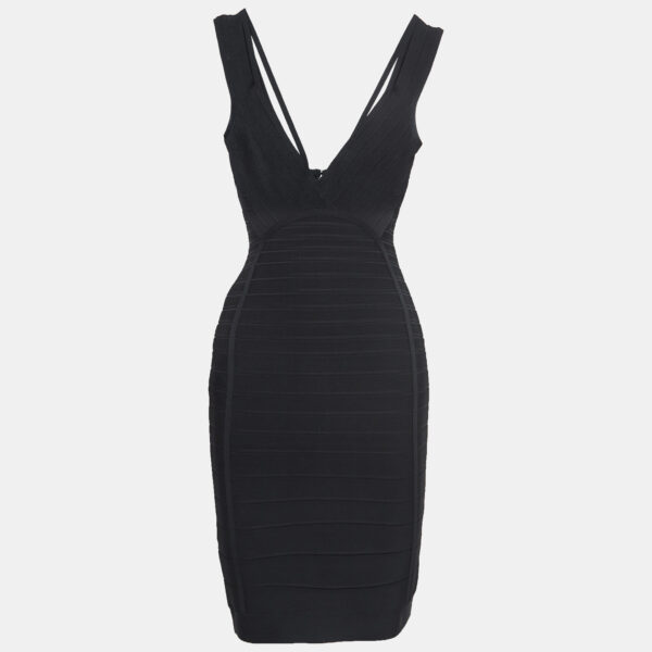 Herve Leger Black Knit V-Neck Bandage Dress S