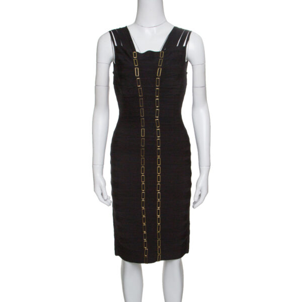 Herve Leger Black Metal Chain Link Detail Bandage Gemma Dress M