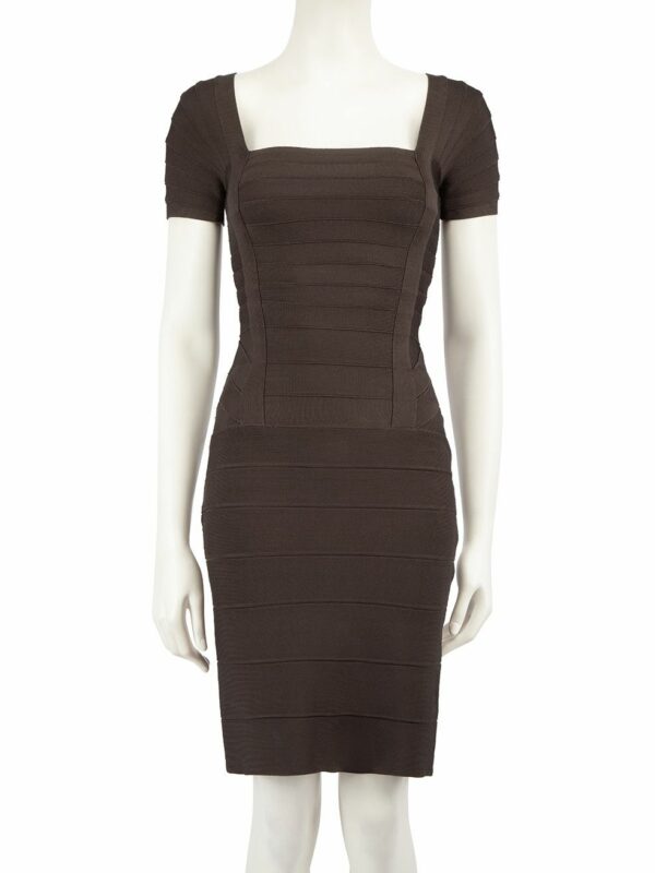 Herve Leger Brown Square Neck Bandage Dress, Women's (Size XS)