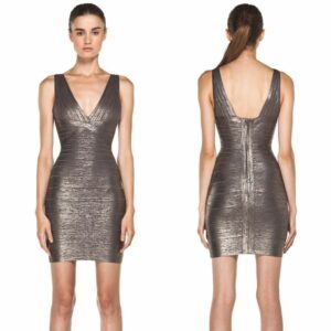 Herve Leger Dress Bodycon Bandage Seri V-Neck Metallic Silve in Silver, Women's (Size XS)