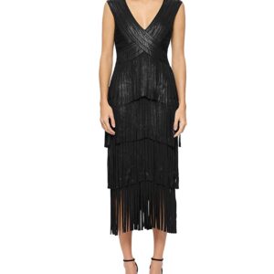 Herve Leger Foiled Bandage Fringe Midi Dress