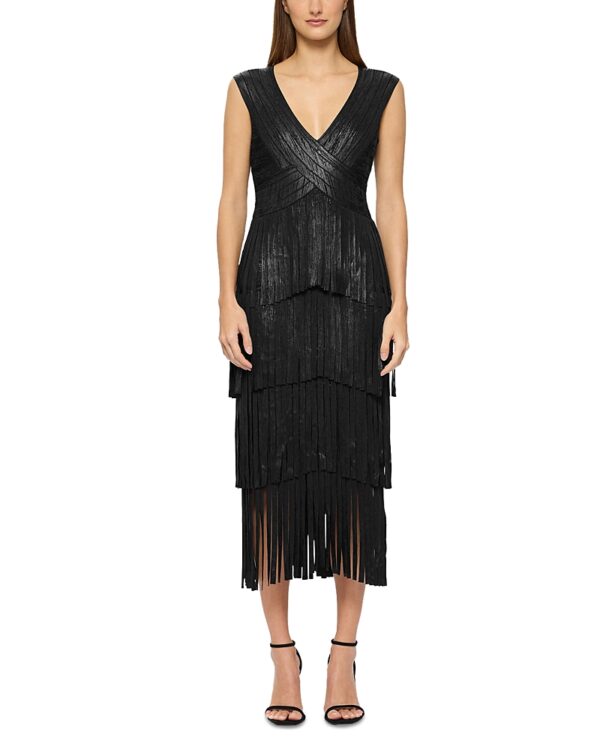 Herve Leger Foiled Bandage Fringe Midi Dress