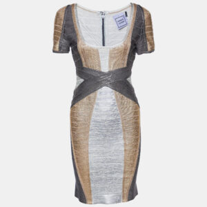 Herve Leger Metallic Foil Print Knit Carolyn Bandage Dress M