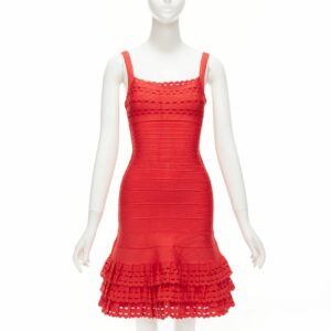 Herve Leger Red Cut Out Tiered Ruffle Hem Bandage Fit Flared Dress Xs, Women's