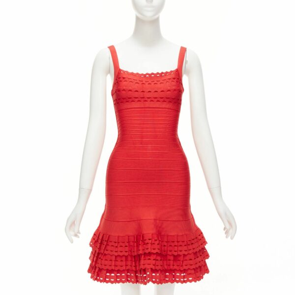 Herve Leger Red Cut Out Tiered Ruffle Hem Bandage Fit Flared Dress Xs, Women's