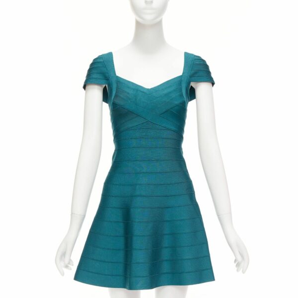 Herve Leger Teal Green Cap Sleeve Sweetheart Fit Flare Bandage Dress S, Women's (Size Small)