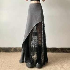 High Rise Asymmetrical Lace Panel Maxi A-Line Skirt