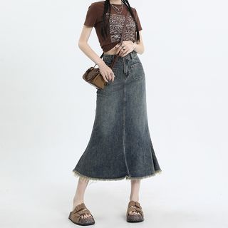 High Rise Denim Midi Fishtail Skirt (Various Designs)