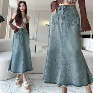 High Rise Fringed Hem Denim Midi Fishtail Skirt