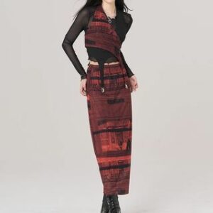 High Rise Graphic Print Maxi Pencil Skirt / Asymmetrical Cropped Halter Top / Long-Sleeve Plain Mesh Crop Top