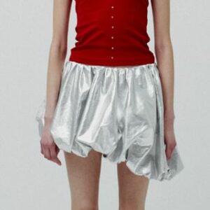 High Rise Plain Faux Leather Bubble Mini A-Line Skirt