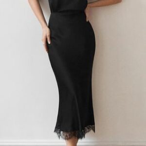 High Rise Plain Lace Trim Midi Fishtail Skirt