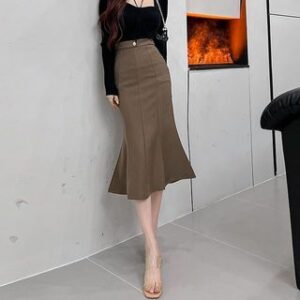 High Rise Plain Midi Fishtail Skirt