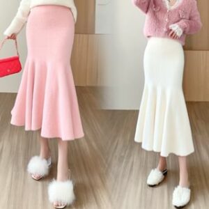 High Rise Plain Midi Knit Fishtail Skirt