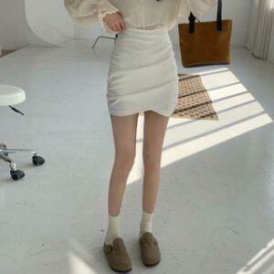 High Rise Plain Ruched Asymmetrical Mini Fitted Skirt White - L