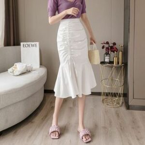 High Rise Plain Shirred Midi Fishtail Skirt