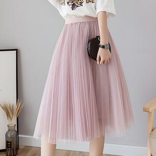 High Waist Accordion Pleat Mesh Midi Skirt Almond - One Size