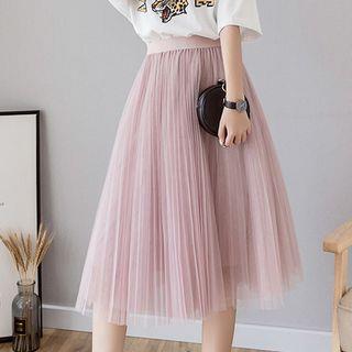 High Waist Accordion Pleat Mesh Midi Skirt Pink - One Size