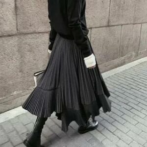 High Waist Asymmetrical Plain Accordion Pleat Midi A-Line Skirt Black - One Size