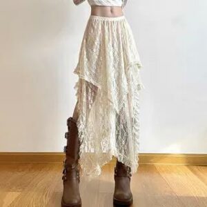 High Waist Asymmetrical Ruffled Midi A-Line Lace Skirt Nude - One Size