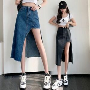 High Waist Asymmetrical Washed Cutout Midi A-Line Denim Skirt