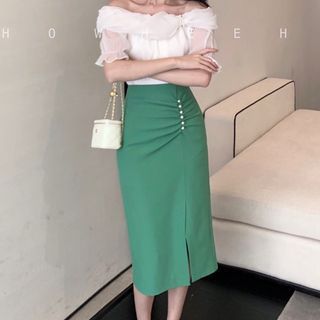 High Waist Faux Pearl Midi Pencil Skirt