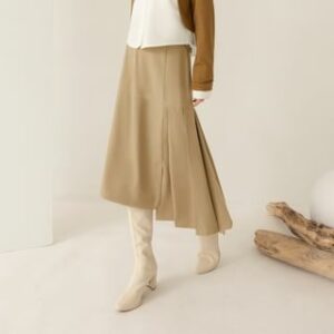 High Waist Plain Asymmetrical Midi A-Line Skirt