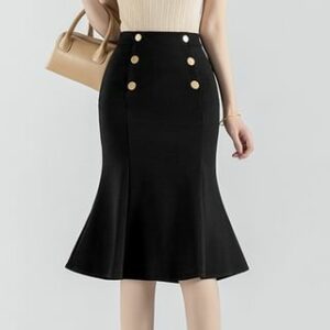 High Waist Plain Button Accent Midi Fishtail Skirt